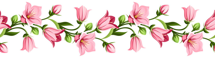 Naklejka premium Horizontal seamless border with pink harebell flowers. Vector floral garland