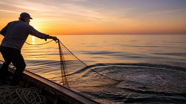 Fisherman on boat casting net at serene sunset over calm sea