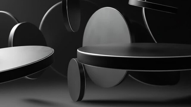 Black geometric podium with abstract floating shapes on a minimalist dark background