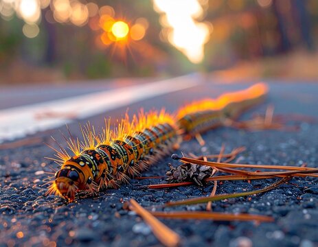 Processionary caterpillars moving in line on asphalt with dry pine needles