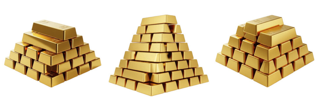 Set of pyramid stacks of gold bars isolated on white background, Oil Paint