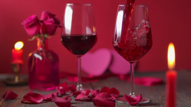 Elegant red wine pouring into a stemware glass on a rustic wooden table. Romantic atmosphere with red candles and roses. Perfect for Valentine's Day, celebrations, and cozy evenings