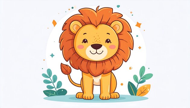 A friendly cartoon lion with a large orange mane, cute facial features, and standing among stylized plants