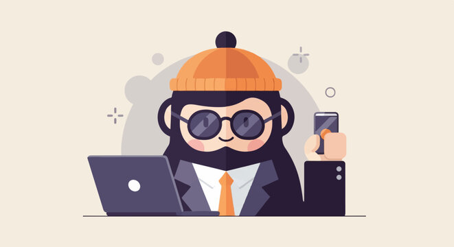 Cartoon ape in suit with hat, glasses, laptop and phone