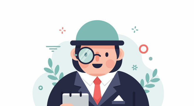 Cartoon business person with monocle and hat, holding a notepad