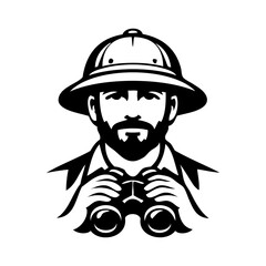 Logo explorador. Icono con cabeza de hombre con sombrero de safari sujetando unos prismáticos, visto de frente  © teracreonte
