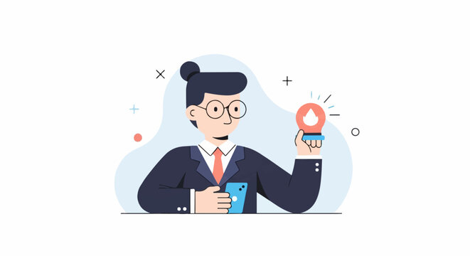 Businessman holding a lightbulb with an idea and a smartphone