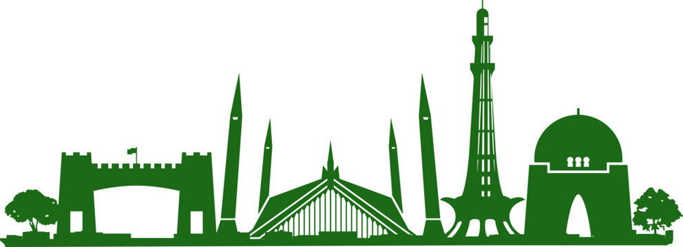 Pakistan Landmark Skyline Silhouette with Minar-e-Pakistan and Faisal Mosque. Illustration of Pakistan Landmarks including Bab-e-Khyber and Mazar-e-Quaid