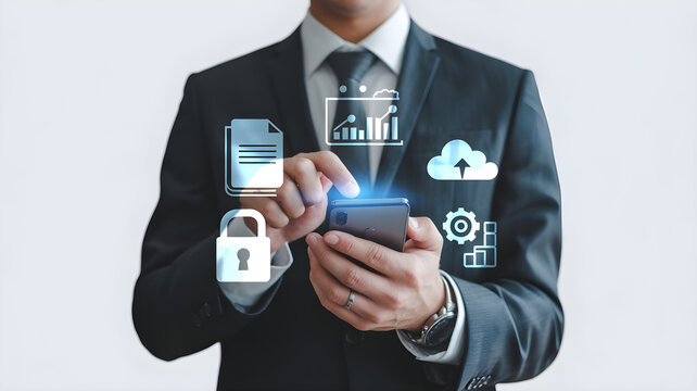 Businessman interacting with secure virtual icons on smartphone, demonstrating data protection and cloud storage in a professional setting