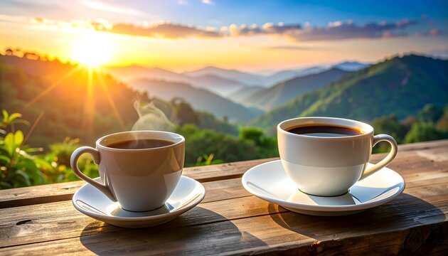 Two coffee-filled mugs on saucers sit on a wooden table overlooking misty mountains at dawn. The sun shines brightly