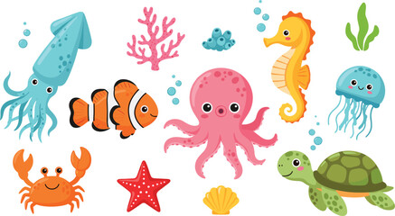 Fototapeta premium Colorful and Cute Sea Creatures: Squid, Octopus, Jellyfish, Seahorse, Fish, Crab, Turtle, Starfish, and Coral in Vector Style