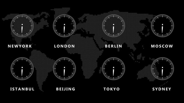 Map composed of small grey dots with eight analog clocks showing different times for New York London Berlin Moscow Istanbul Beijing Tokyo and Sydney on a black background