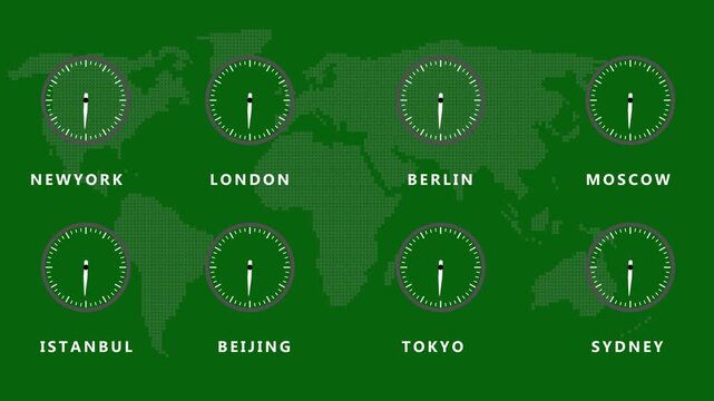 Map made of green dots with eight analog clocks showing different times for New York London Berlin Moscow Istanbul Beijing Tokyo and Sydney on a dark green background