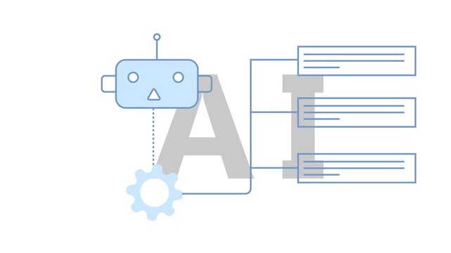 Simplified schematic of artificial intelligence concept with a robot connected to text boxes and a gear on a white background
