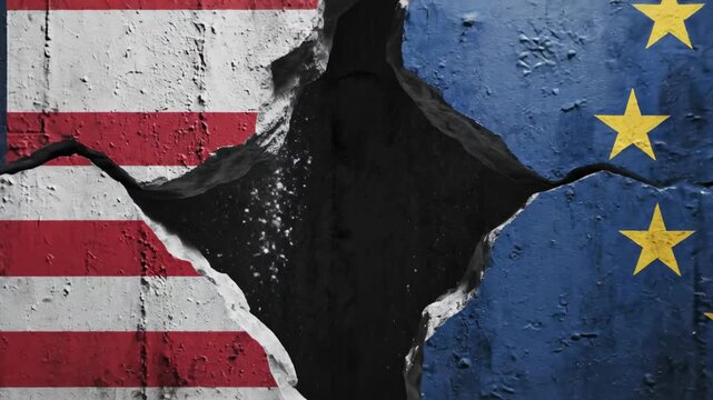  Flaggen der USA und der EU nebeneinander, getrennt durch einen gezackten Riss als Symbol f&uuml;r politische Spannungen und Konflikte.