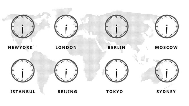 Map composed of light grey dots with eight analog clocks showing different times for New York London Berlin Moscow Istanbul Beijing Tokyo and Sydney on a white background