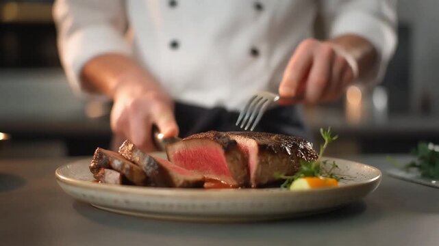 Professional chef slicing a perfectly cooked medium-rare steak on a plate, garnished with fresh herbs in a restaurant kitchen.