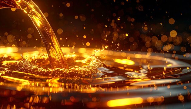 A close-up showcases a stream of amber liquid pouring, forming a dynamic splash, with blurred golden bokeh in the background