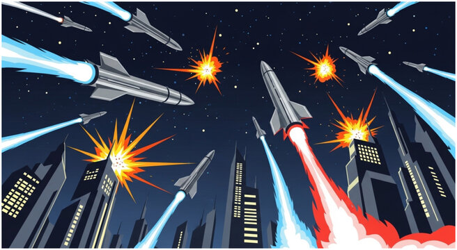 Missile Attack on City Skyscrapers - A Futuristic War Scene.