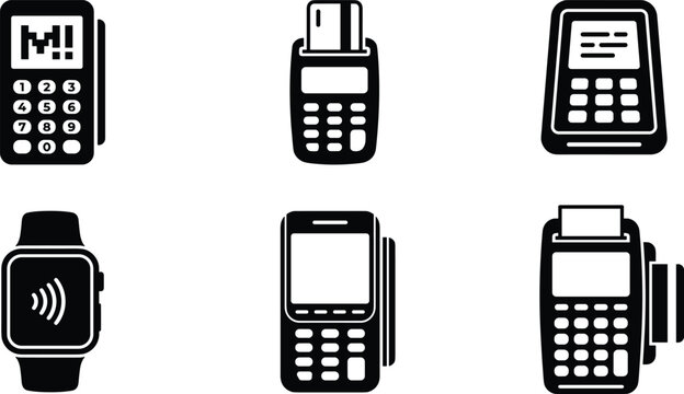 Point of sale payment terminal icon set with card reader smartwatch NFC payment machine symbols minimalist black silhouette collection
