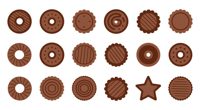 dark chocolate cookies and cocoa biscuits icons, assorted crispy chocolate dessert treats with decorative swirls and rich cocoa textures, sweet bakery snack collection isolated on white background, 
