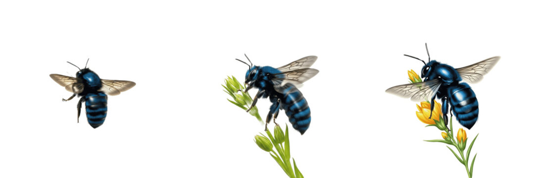 Set of blue carpenter bee with yellow flowers isolated on transparent background PNG