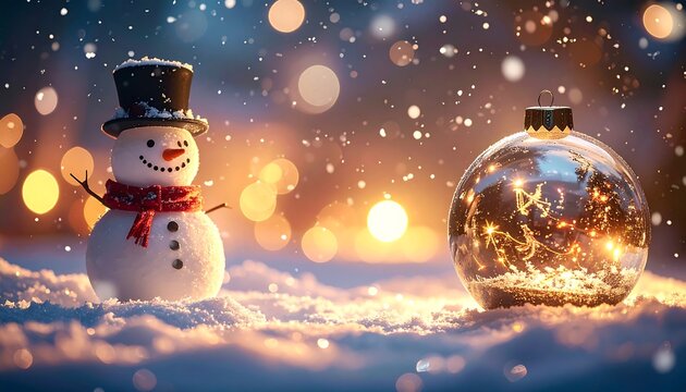 Whimsical winter scene featuring a snowman in a top hat and a sparkling glass ornament in soft focus, surrounded by falling snow
