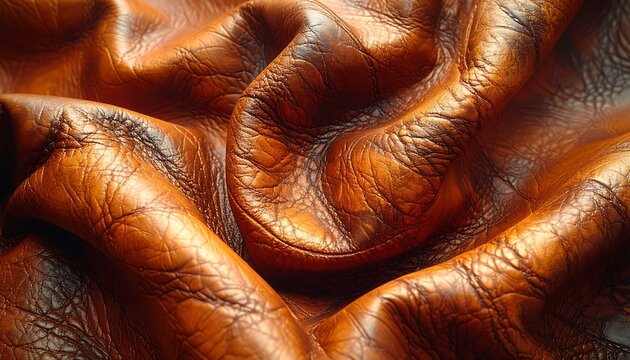 A close-up view showcasing the intricate details of wrinkled, rich brown leather, highlighting its textures and natural markings