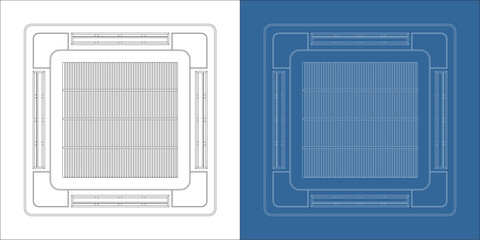 Technical Line Drawing of Cassette Ceiling Air Conditioner in Blueprint and White Style