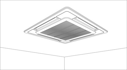 Perspective View Technical Line Drawing of Cassette Ceiling Air Conditioner Unit on Ceiling Corner