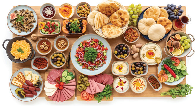 Variety Food Dishes on Wooden Table Isolated on White