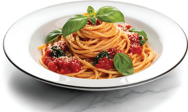 Spaghetti with Tomato Sauce and Basil Leaves on White Plate