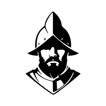 Logo conquistador espa&ntilde;ol. Icono con cabeza de guerrero espa&ntilde;ol con casco morri&oacute;n 