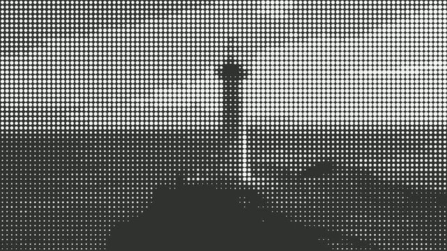 A dramatic monochrome view of a lighthouse standing tall against a stormy sky over a rugged coastline. The unique halftone pixel art style adds an artistic and vintage feel to the scene.