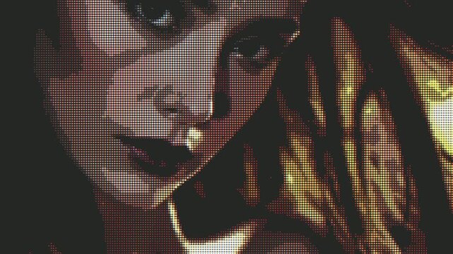 A close-up portrait of an emotional woman with intense eyes, framed by dynamic, glowing abstract light effects. Rendered in a unique halftone pixel art style, conveying drama and artistic flair.