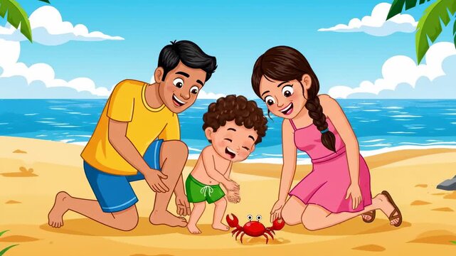 Cartoon family enjoys beach day watching little boy play with crab sand sea holiday vacation fun