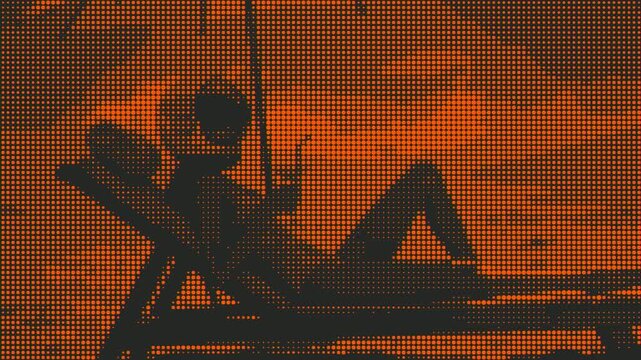 A stylized silhouette of a person relaxing on a sun lounger with a drink, bathed in the warm glow of a large sun. The retro halftone art style evokes a nostalgic summer holiday vibe.