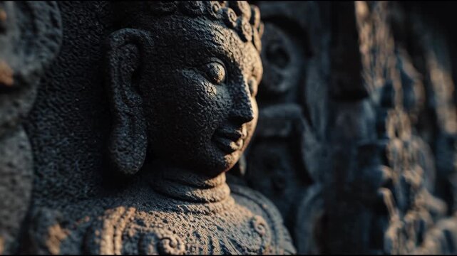 Ancient Stone Buddha Statue Carving Detail Close Up.