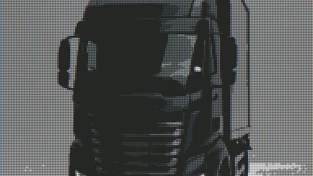 A stylized front view of a large semi-trailer truck driving, rendered with a distinctive dithered pixel art effect. Ideal for projects related to transportation, logistics, or retro-themed content.