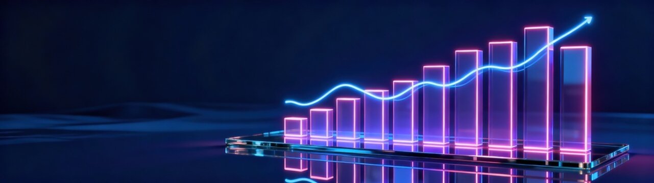 Professional high resolution image featuring bar chart, neon, graph, upward trend, finance, business, technology concept scene with natural lighting, detailed composition, modern commercial visual sty