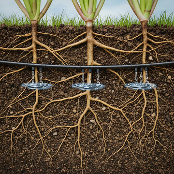 Subsurface irrigation system with plant roots and drip watering