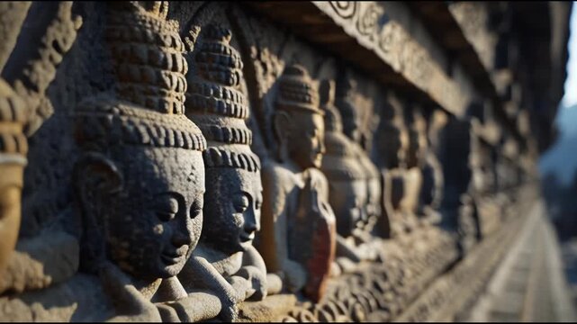 Ancient Stone Carvings and Sculptures Adorn a Historic Temple Wall in Southeast Asia.