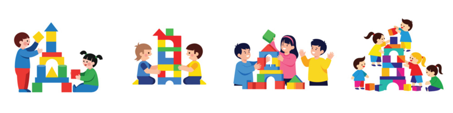 Playful children building with colorful blocks, simple flat vector style, isolated on white background.