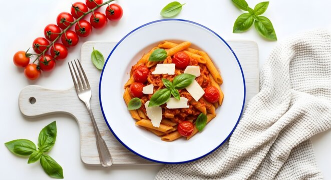 Delicious homemade penne pasta served with rich tomato sauce topped with fresh cherry tomatoes cheese shavings and bright basil leaves is ready to eat