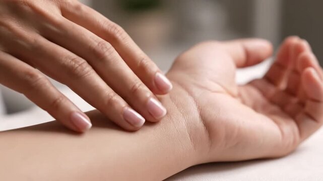 Close-up of a person's hand checking their wrist with another hand on a white surface with blurred background.
