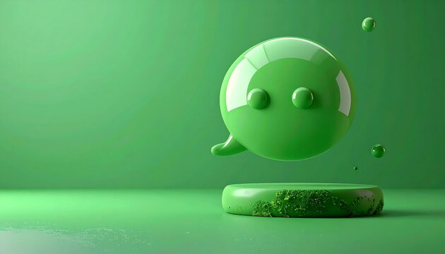 A glossy green chat bubble character hovers over a platform with a textured base, against a plain green background