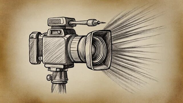Artistic sketch of a vintage professional video camera on a tripod with light rays emanating from its lens, set against a sepia-toned background.