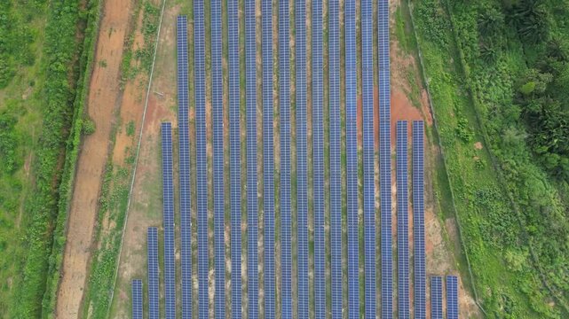 Aerial view of a field with rows of blue solar panels
