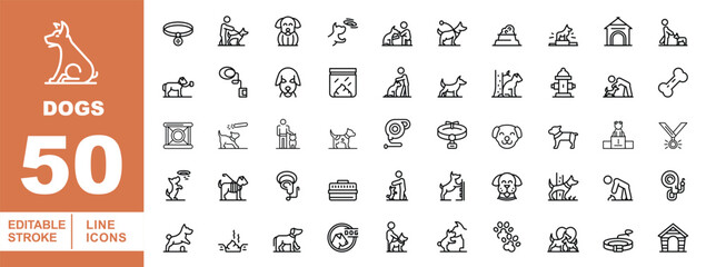 Dog Training, Canine Obedience, and Puppy Behavior Line Icons. Editable stroke icons for pet owners and professional trainers. Featuring agility hurdles, leashes, clickers, medals, dog sitting, walkin © Neko funny