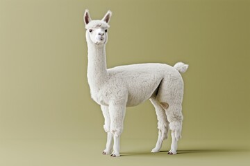 Fototapeta premium Llama stands against a green background while looking calmly towards the viewer with curiosity and interest